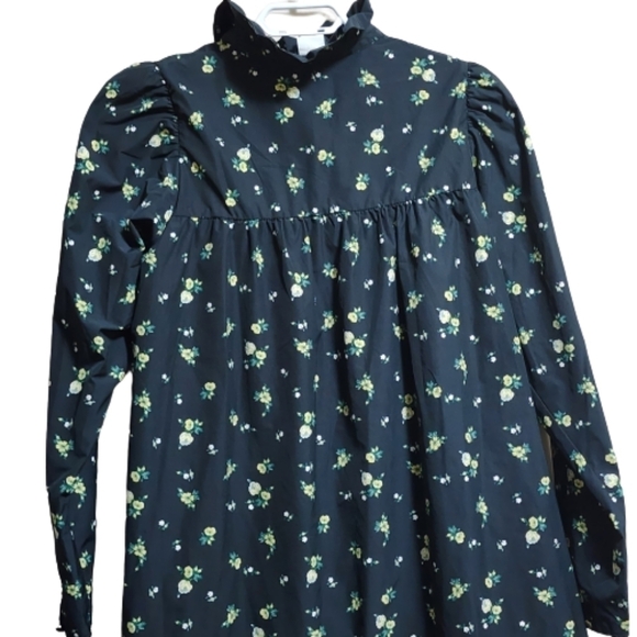 H&M floral long sleeves ruffle collar midi dress color black size medium - Picture 6 of 9